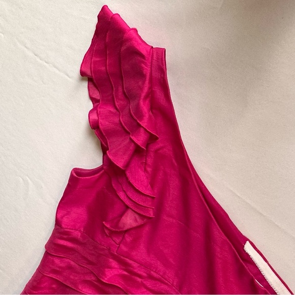 London Times Womens Dress One Shoulder Fuchsia Pink Tiered Ruffles Knee Length 8 - Picture 8 of 12